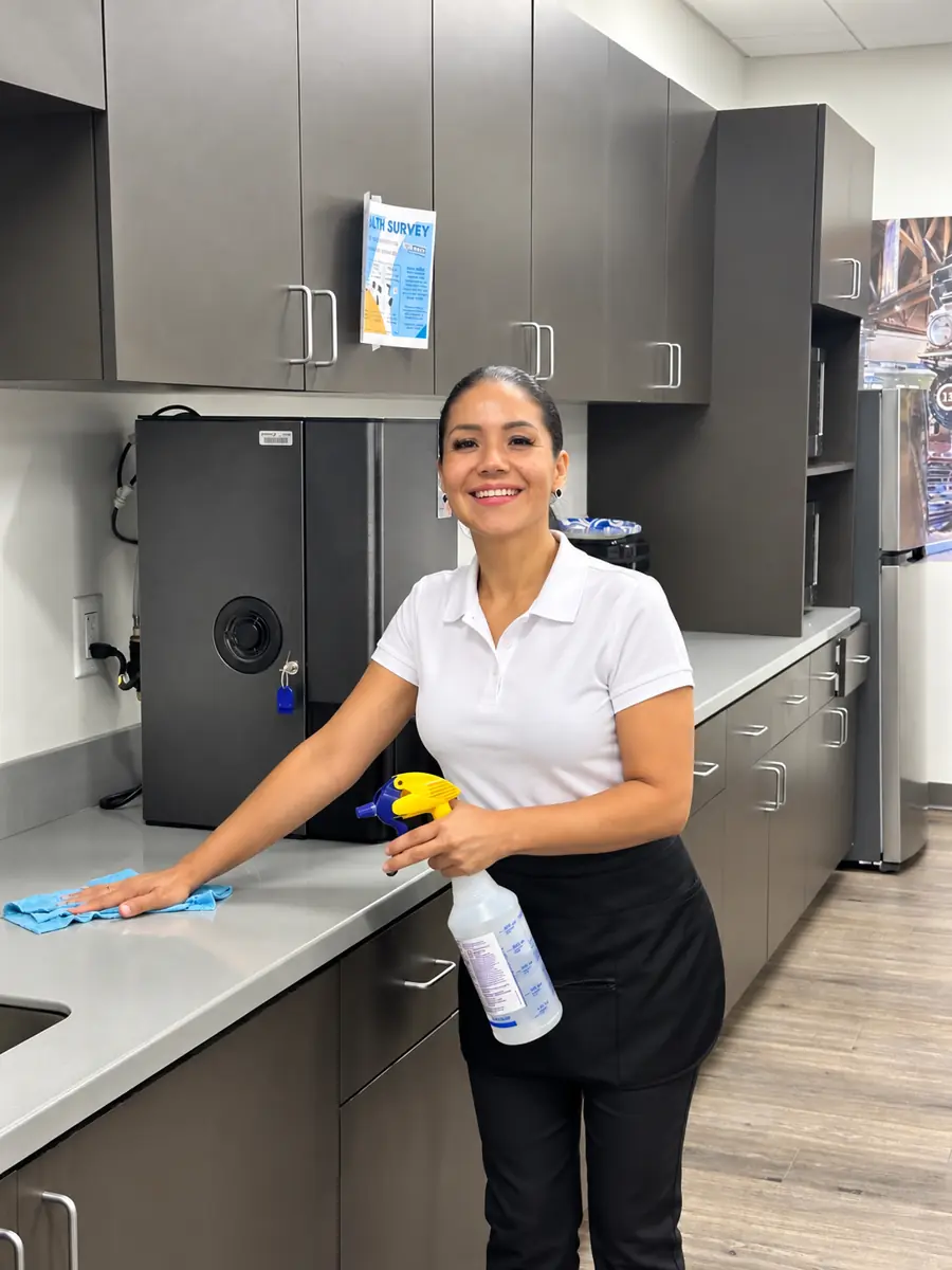 Gaby cleaning a corporate breakroom counter