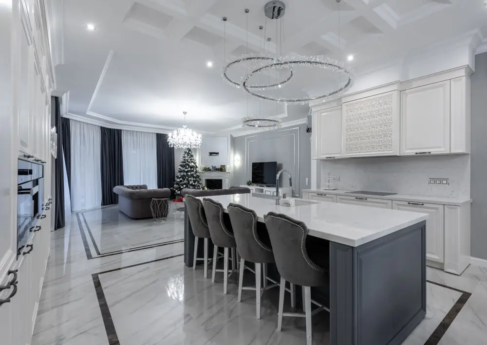 Deep cleaned kitchen island, counters and marble floor