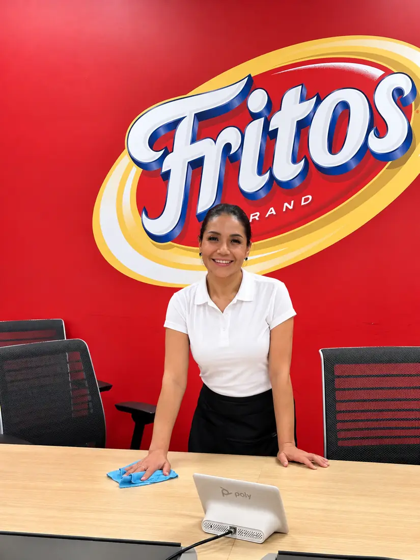 Gaby, founder of Grateful & Faithful, cleaning a corporate conference room