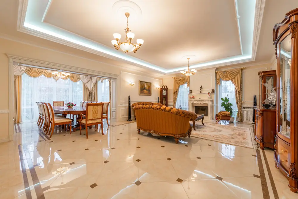 Living and dining room with polished tile floors